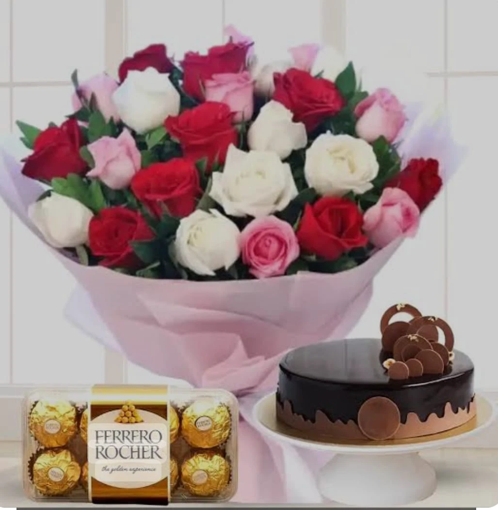 Jaytal House Of Cake Bouquet of red, white & pink roses, chocolates, and 1kg chocolate fudge cake.